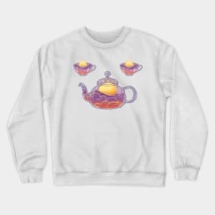 Peaceful sunrise tea set on dark background Crewneck Sweatshirt